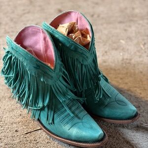 Teal Fringed Ankle Booties